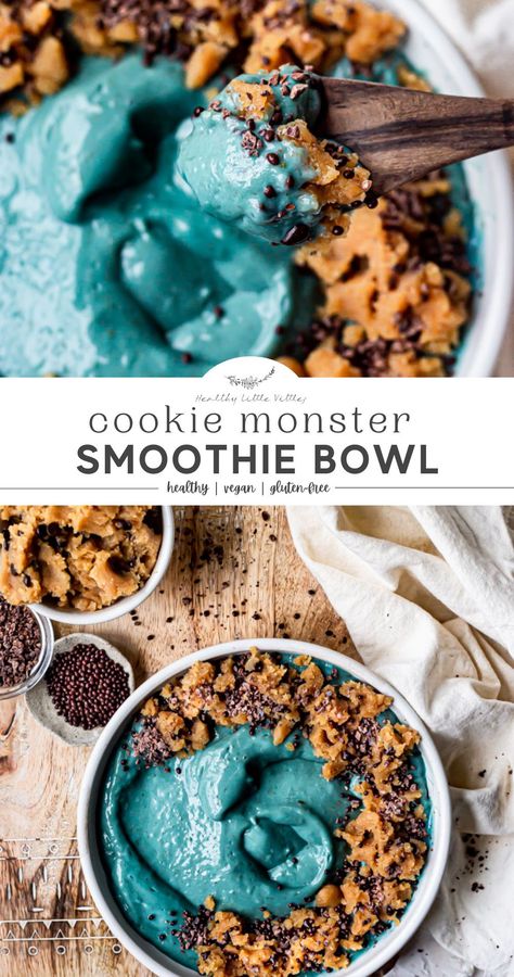 Cookie Monster Smoothie Bowl | Healthy Little Vittles | A gorgeous banana, avocado, date, spirulina smoothie topped with homemade plant-based chocolate chip cookie dough, chocolate covered chia seeds, and cacao nibs for the perfect healthy breakfast! This easy, fun smoothie recipe is the ultimate vegan breakfast treat, enjoy! Avocado Smoothie Bowl Recipe, Blueberry Pie Smoothie, Oreo Smoothie Bowl, Chocolate Chip Cookie Dough Smoothie, Smoothie Bowl Chia Seeds, Matcha Smoothie Bowl, Blueberry Smoothie Bowl Recipe, Cookie Dough Smoothie Bowl, Healthy Desserts Recipes