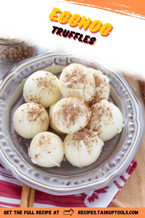 Indulge in the festive spirit with our scrumptious Eggnog Truffles. Perfectly decadent with classic holiday flavors, this dessert is for everyone who just can't get enough of eggnog's creamy goodness. Topped with a sprinkle of nutmeg, these truffles are holiday cheer in bite-size form. Sweeten your celebrations with these melt-in-your-mouth delights, and let your Pinterest friends in on the recipe. #EggnogTruffles #HolidayDess Eggnog Truffles, Holiday Flavors, Pinterest Friends, Chocolate Shells, Almond Bark, Truffle Recipe, Chocolate Coating, Chocolate Almonds, Classic Holiday