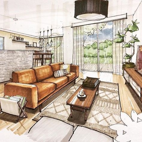 Living Room Illustration, Interior Architecture Sketch, Interior Design Sketchbook, Room Illustration, Furniture Design Sketches, Interior Design Renderings, Interior Architecture Drawing, Drawing Interior, Interior Design Drawings