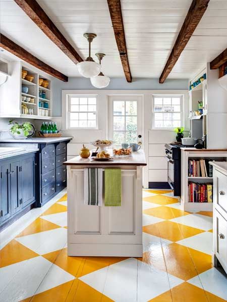 Twelve Beautiful Painted Floors | Up to Date Interiors Ceilings Painted, Checkered Flooring, Beam Ceilings, Checkered Floor, Painted Wood Floors, Faux Wood Beams, Farmhouse Kitchen Island, Decor Ikea, Painted Floor