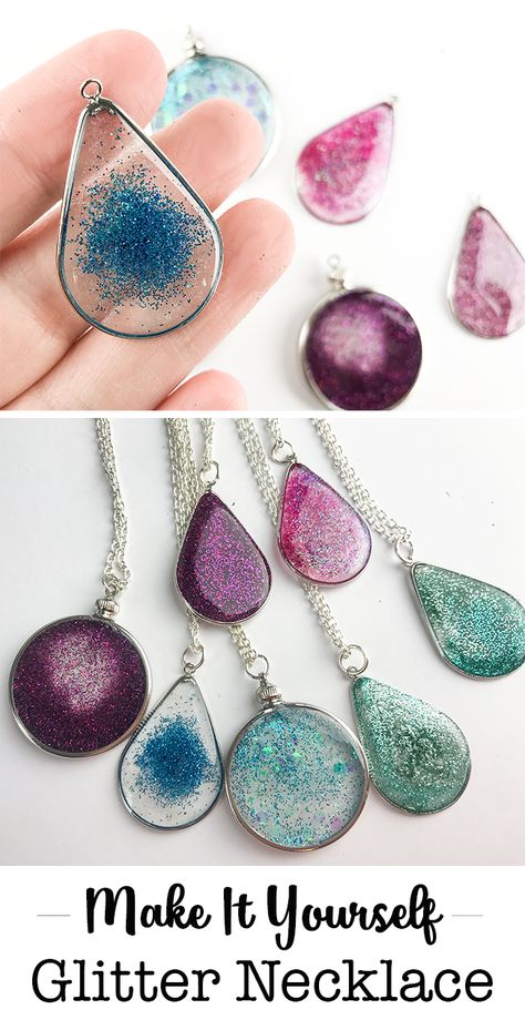 Make it Yourself - Floating Glitter Necklace Made with Resin Resin Jewelry Tutorial, Glitter Necklace, Diy Jewelry Tutorials, Diy Glitter, Necklace Resin, Resin Jewelry Diy, Resin Jewelry Making, Necklace Tutorial, Homemade Jewelry