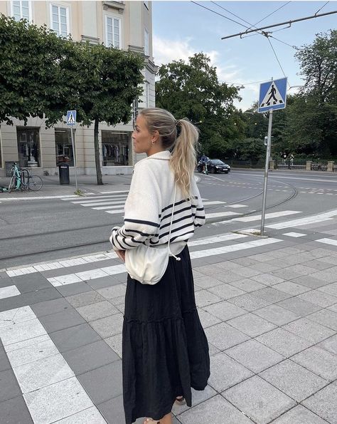 The Striped Sweater: 9 Ways To Style The Classic Sweater Striped Sweater Outfits, Style A Maxi Skirt, Midi Satin Skirt, Striped Sweater Outfit, Winter Sweater Outfits, White Wide Leg Pants, Form Fitting Tops, Sweater Outfit, Skirts Midi High Waisted