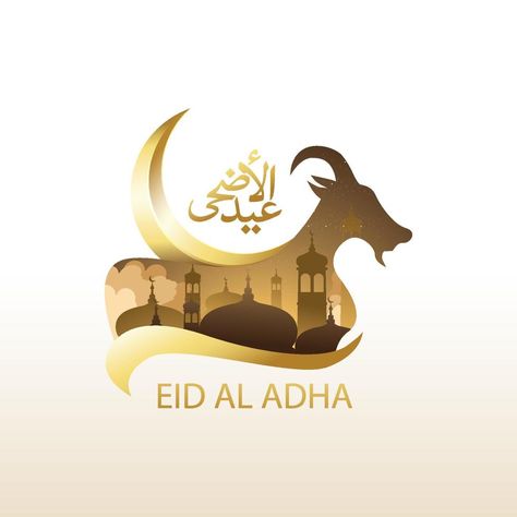 Eid al Adha Arabian word calligraphy with Goat, crescent moon and mosque. Vector Illustration Eid Ul Adha Wallpaper, Ramzan Images, Eid Al-adha Design, Eid Wallpaper, Word Calligraphy, Eid Al Adha Greetings, Mosque Vector, Eid Background, Eid Adha