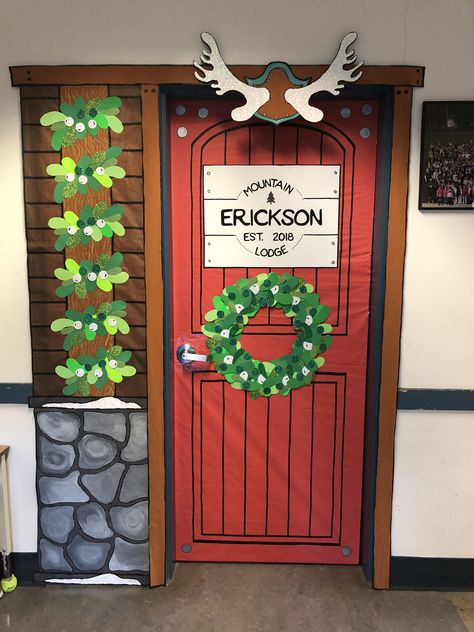 Ski lodge themed School Christmas doors 2018 Ski Lodge Bulletin Board, Log Cabin Classroom Door, Ski Lodge Classroom Door, Narnia Classroom Door, Christmas Tree Farm Classroom Door, Christmas Tree Farm Door Decorations, Mountain Classroom, Winter Door Decorations Classroom, Cabin Door Decorations