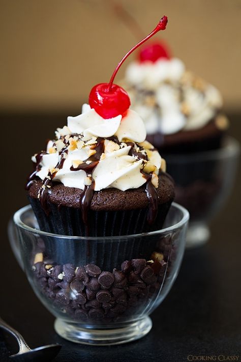 Sundae Cupcakes, Hot Fudge Sundae, Fudge Sundae, Cooking Classy, Hot Fudge, Baking Cupcakes, Yummy Cupcakes, Cherry On Top, Sweets Treats