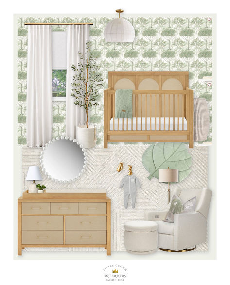 A gorgeous gender neutral nursery with sage green tree walll paper. This crib comes in a stunning honey warm wood with textured fabric arches on the back. Head to the blog to see the nursery design and all the details Green Tree Wallpaper, Sage Green Nursery, Nursery Interior Design, Nursery Interior, Wood Crib, Natural Nursery, Green Nursery, Bloom Baby, Nursery Accessories