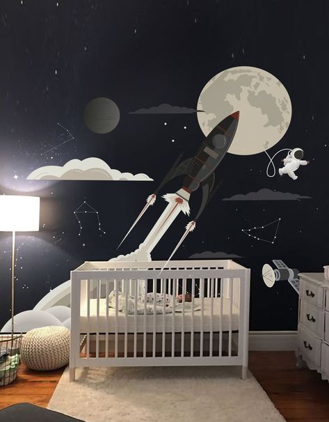 Childish Bedroom, Space Room For Boys, Toddler Space Room, Kids Space Bedroom, Spaceship Wallpaper, Space Wall Mural, Galaxy Nursery, Galaxy Bedroom, Baby Boy Bedroom