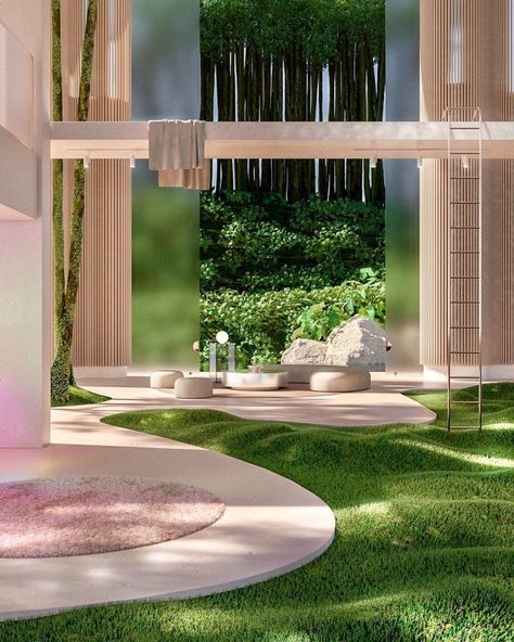 The Paul Milinski Retro Futuristic Dreamscapes Are Serenity Manifest Dreamscape Architecture, Organic Architecture, Backyard Garden Design, Futuristic Architecture, Green Grass, Design Case, Dream Home Design, 인테리어 디자인, Interior Architecture Design