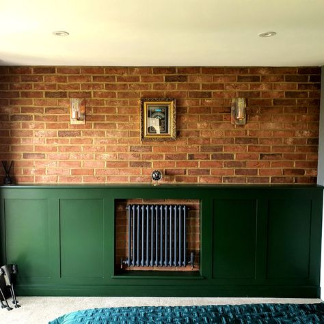 Exposed Brick With Panelling, Dark Green Half Wall Panelling, Interior Red Brick Wall, Cottagecore Bungalow, Moody Playroom, Red Brick Living Room, Red Brick Interior, Red Brick Kitchen, Brick Interior Design