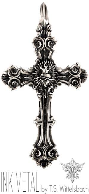 Emblematic of baroque era ornament, this cross boasts dramatic detail and a devotion of its center to the sacred heart - delivered with a sterling silver chain. $450.00 Palladium Jewelry, Cross Ideas, Cross Drawing, Detailed Cross, Sugar Skull Ring, Baroque Era, Christ Tattoo, Cross Wallpaper, Silver Jewelry Accessories