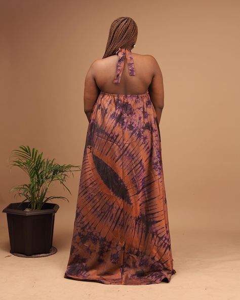 Maxi dress made with Adire silk Alter Neck Dress, Halter Neck Gown, Halter Neck Maxi Dress, African Print Dresses, Print Dresses, African Print, Halter Neck, Tie Dye Skirt, Open Back