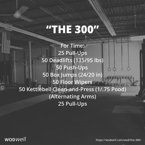 "The 300" WOD - For Time: 25 Pull-Ups; 50 Deadlifts (135/95 lbs); 50 Push-Ups; 50 Box Jumps (24/20 in); 50 Floor Wipers; 50 Kettlebell Clean-and-Press (1/.75 Pood) (Alternating Arms); 25 Pull-Ups Wods Crossfit, Crossfit Workouts Wod, Kettlebell Clean, 50 Push Ups, 300 Workout, Crossfit Workouts At Home, Kettlebell Cardio, Crossfit At Home, Crossfit Wods