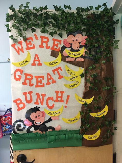 Classroom Animal Themes, Zoo Themed Classroom Door, Monkey Door Decorations Classroom Decor, Jungle Theme Classroom Door Ideas, Monkey Classroom Door, Jungle Infant Classroom, Zoo Door Decorations Classroom, Zoo Theme Bulletin Board Ideas, Jungle Theme Bulletin Boards Preschool