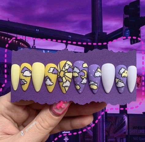 Novelty Nail Designs, Night And Day Nails, Day And Night Nails, Fun Nail Designs Creative Latest Fashion, Purple Yellow Nails, Kirby Nail Art, Almond Nails Purple, Sun And Moon Nails, Stiletto Almond Nails