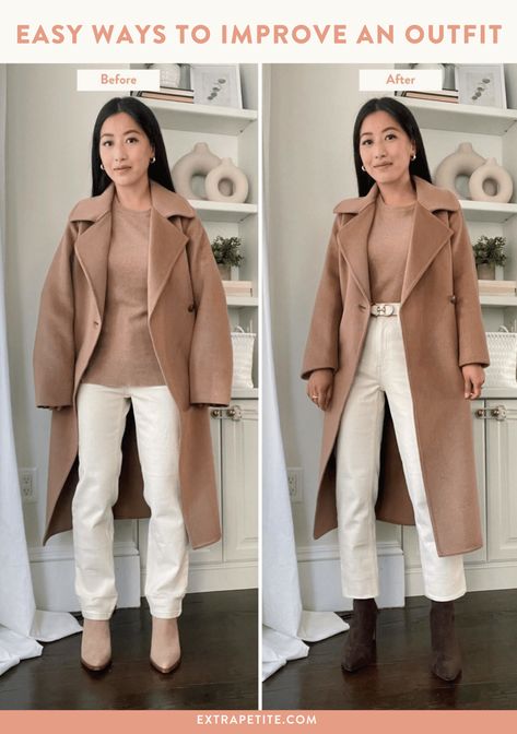 Cold Weather Outfits Petite, Petite Wool Coat, Wool Coat Women Outfit, Winter Outfits For Petite Women, Camel Coat Outfit Winter Style, Winter Outfits Petite, Oversized Coat Outfit, Petite Winter Fashion, Petite Winter Coats