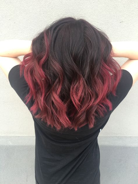 The Perfect Red Ombre by @alexacouryyy: Balayage, Ombre, red hair color, red hair, vivid hair, curls, loose waves, wand curls Faded Out Red Hair, Red Hair Ends, Ombre Red Hair, Dark Burgundy Hair, Hair Color Red, Vivid Hair, Hair References, Red Ombre Hair, Dyed Red Hair