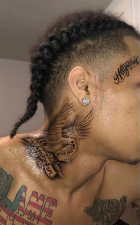 Rapper Neck Tattoo, Flame Neck Tattoo Men, Long Live Tattoo For Men, Eyebrow Tattoo Men, Side Neck Tattoo Men, Side Face Tattoo Men, Black Men Neck Tattoos, Side Of Face Tattoo, Side Burn Tattoos