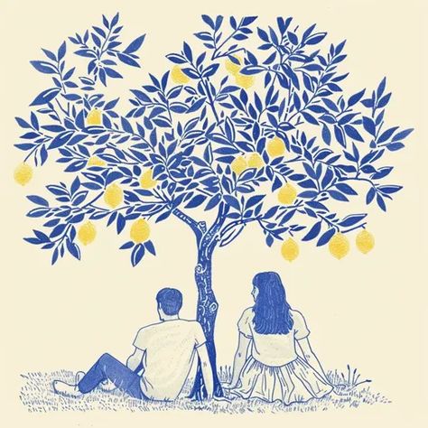 ↑↑↑ Larger size on website 🔸 The illustration depicts a couple sitting under a lemon tree. The tree is drawn in blue with yellow  🔸 From Midjourney AI Image Tree Illustration Simple, Lemon Tree Illustration, Couple Sitting, Elegant Aesthetic, Tree Illustration, Lemon Tree, Growing Tree, Light Cream, Couple Aesthetic