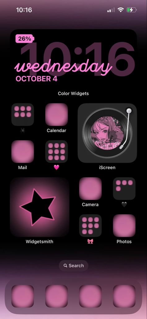 Neon Pink Homescreen, Home Screen Layout Iphone Hello Kitty, Pink Iphone Layout Aesthetic, Black Home Screen Aesthetic, Home Screen Ideas Y2k, Custom Iphone Wallpaper, Screen Design Iphone, Pink And Black Phone Theme, Pink And Black Wallpaper Iphone