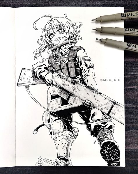 Manga drawing of Tanya Degurechaff from Youjo Senki, msc_gie on ArtStation at https://www.artstation.com/artwork/mDBBlv Manga Hatching, Anime Ink Art, Manga Drawing Sketches, Manga Inking, Manga Style Art, Manga Drawing Books, Geometric Shapes Drawing, Manga Sketch, Tanya Degurechaff