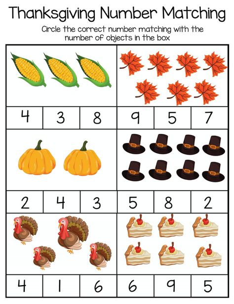 Thanks Giving Math Activity, Thanksgiving Kids Worksheets, Thanksgiving Math Kindergarten Free, Preschool Thanksgiving Math Activities, Thanksgiving Math For Kindergarten, Thanksgiving Counting Preschool, November Preschool Worksheets, Preschool Thanksgiving Math, Thanksgiving Worksheets Preschool Free