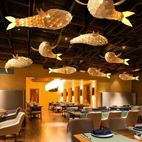 Unique Wooden Vivid Fish-shape Pendant Light - Natural Wood - On Sale - Overstock - 37841673 Fish Hanging From Ceiling, Gaggan Restaurant, Fish Lighting, Lighting For Restaurants, Premium Restaurant, Restaurant Lights, Natural Wood Bed, Japanese Cafe, Fish Restaurant