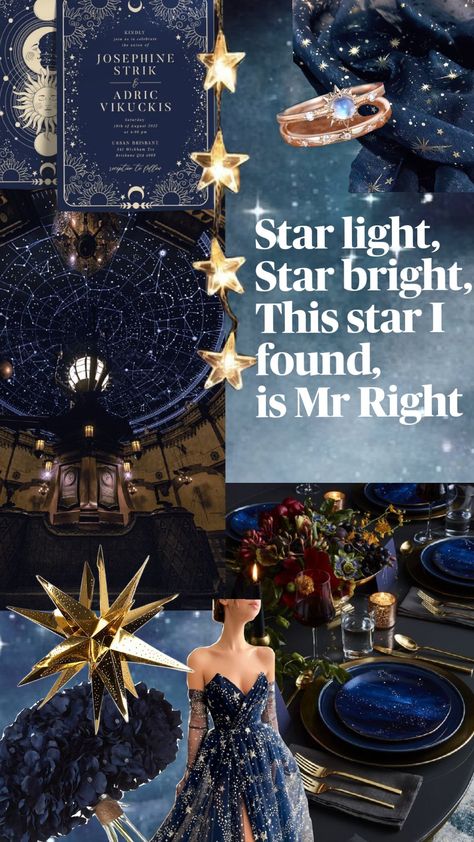 Bridal Shower Theme! Star Light, star bright, This star I found, is Mr Right🥂💍🌠 Whimsical Starry Night Wedding, Under The Stars Engagement Party, Under The Stars Gala Theme, Star Bridal Shower Theme, Starry Night Bridal Shower Ideas, To The Moon And Back Bridal Shower Ideas, Stars Bridal Shower Theme, Meet Me At Midnight Theme, Starry Night Wedding Theme Decoration