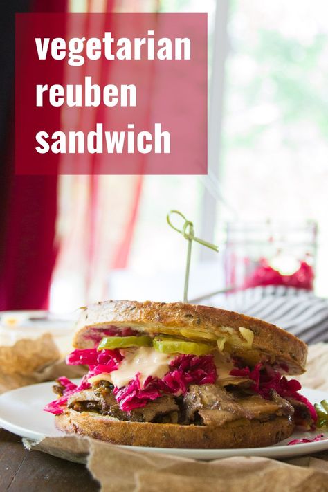 The classic Reuben sandwich goes vegan! Made with layers of hearty seitan, tangy sauerkraut and creamy vegan Russian dressing, these sandwiches are packed with flavor and grilled to crispy delicious perfection. Perfect for lunch, and hearty enough for dinner! #veganrecipes #vegansandwich #seitan Vegan Reuben Sandwich, Vegan Reuben, Tofu Bacon, Vegetarian Sandwiches, Vegan Sandwich Recipes, Vegan Sandwiches, Reuben Sandwich, Vegan Burgers, Vegan Sandwich