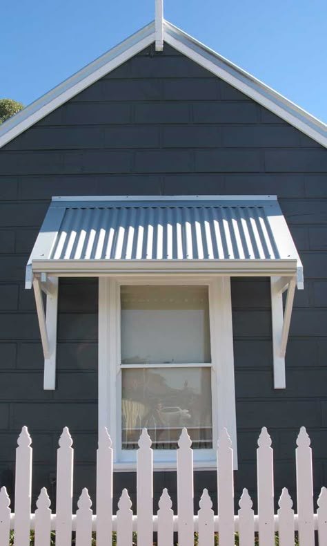 Timber Window Awnings, Colourbond Window Awning, Roof Awning Ideas, Beach House Window Awnings, Timber Awning Windows, Queenslander Window Awnings, Window Awnings Exterior Diy, Overhang Roof Ideas, Awning Over Window