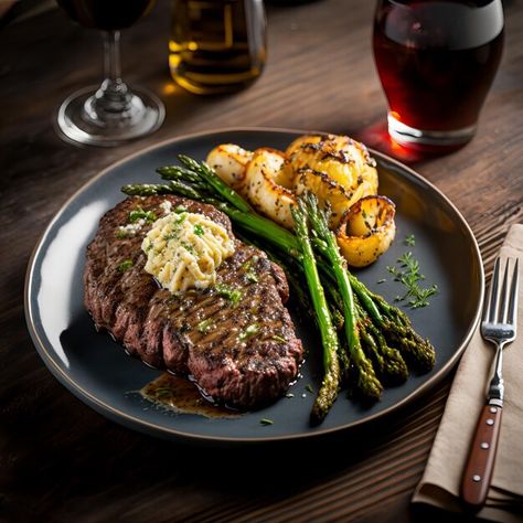 Tasty and juicy steak and asparagus half... | Premium Photo #Freepik #photo #ribeye #meat-steak #beef-steak #dish Steak Rice, Steak Photoshoot, Steak Plating, Steak And Asparagus, Steak Aesthetic, Steak Food Photography, Steak Asthetic Picture, Steak And Asparagus Plating, Beef Steak Aesthetic