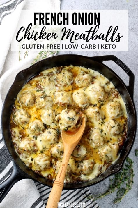 These French Onion Chicken Meatballs are flavorful, hearty, and crazy delicious! These meatballs are gluten free, low carb, keto friendly.... #TasteAndSee Low Carb Dinner Ground Chicken, Low Carb Meatball Recipes Crockpot, Keto Recipes With Meatballs Frozen, Healthy French Dinner, Keto Sauce For Meatballs, Keto Recipes With Meatballs, Keto Meatball Dinner Ideas, Flavored Meatball Recipes, Gluten Free Chicken Meatballs Recipe