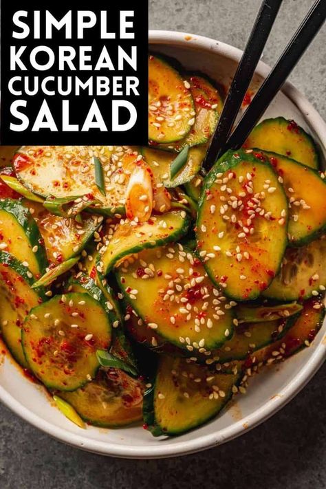 Simple & Spicy Korean Cucumber Salad — Zestful Kitchen Korean Cucumber Salad Side Dishes, Korea Cucumber Salad, Asian Inspired Cucumber Salad, Salad Asian Recipes, Dim Sum Cucumber Salad, Korean Marinated Cucumbers, Korean Simple Recipes, Easy Korean Cucumber Salad, Korean Cucumbers Recipe