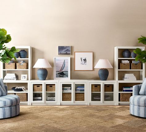 Dillon Grand Glass Media & Bookcase Suite (180") | Pottery Barn Media Bookcase, Built In Shelves Living Room, Kiln Dried Wood, Built In Shelves, Media Console, Poplar Wood, Pottery Barn, Bookcase, Shelves