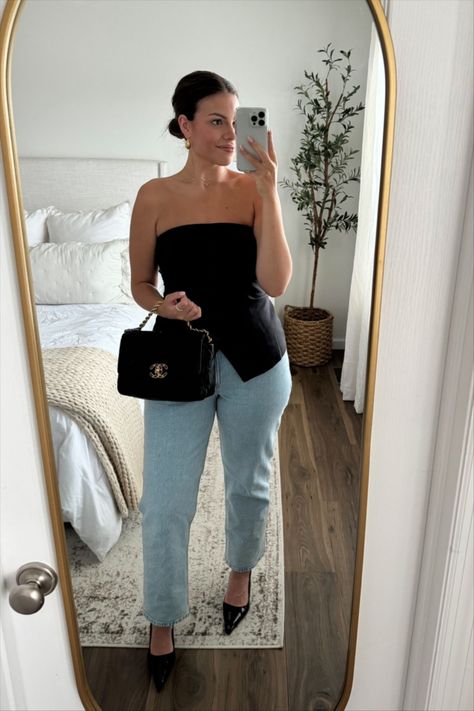 Black Tube Top Outfit, Cargo Jeans Outfit, Celebration Dinner, Tube Top Outfits, Black Tube Top, Fashion Things, Heels Outfits, Fall 24, Transition Outfits