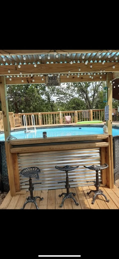 Pool Bar Ideas Diy, Swimming Pool Bar Ideas, Above Ground Pool Bars, Above Ground Pool Decks With Bar, Outdoor Pool Area Above Ground Deck, Pool Bar Above Ground, Pool Area Decorating Ideas Above Ground, Backyard Patio Designs With Above Ground Pool, How To Decorate Around Pool Area