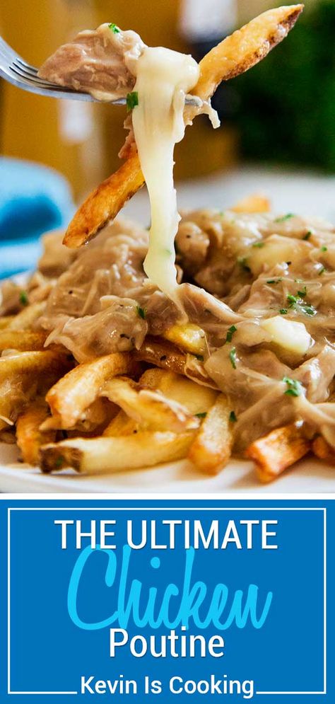 The Ultimate Chicken Poutine, better known as french fries smothered with gravy, is loaded with slow cooked, seasoned and shredded chicken and cheese curds. Amazing for snacking! via @keviniscooking Chicken And French Fries, Smothered French Fries, Poutine Recipe With Meat, Smothered Fries Recipe, Chicken Poutine Recipe, Smothered Fries, Poutine Recipes, Chicken Poutine, Walnut Chicken Recipe