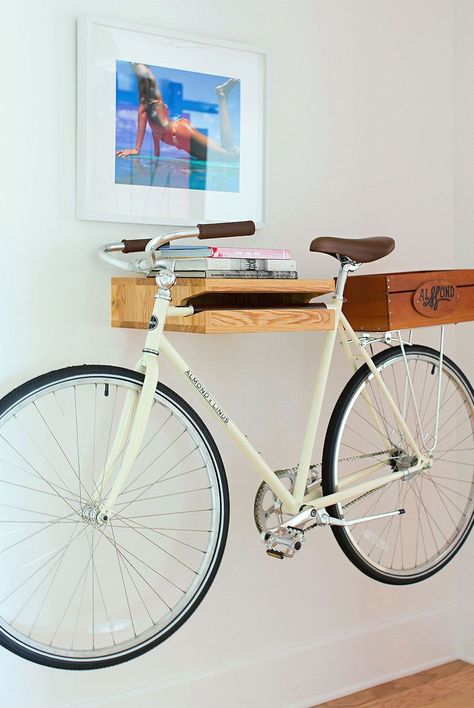 Flat Bike Storage, Tiny Apartment Bike Storage, Bike Storage Wall, Road Bike Storage, Apartment Entryway Storage, Small Space Bike Storage, Bike Storage Ideas, Hanging Bikes On Wall, Bike Garage Storage