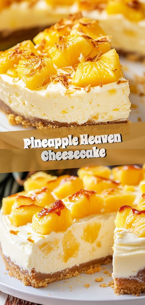 Indulge your sweet cravings with this Pineapple Heaven Cheesecake, a tropical twist on a classic favorite! Perfect for women who love easy and mouthwatering recipes, this creamy dessert combines the rich and tangy flavor of pineapple in every bite. Ideal for any occasion, this cheesecake delivers a slice of paradise, bringing a refreshing burst of sunshine to your taste buds. Whether you're an experienced baker or a newbie in the kitchen, this delightful treat is sure to become a family favorite. Treat yourself to a heavenly dessert experience! Pineapple Desert, Tropical Cheesecake, Pineapple Cheesecake, Summer Challenge, Tropical Twist, Sweet Cravings, Pineapple Upside, Pineapple Upside Down, Mouthwatering Recipes