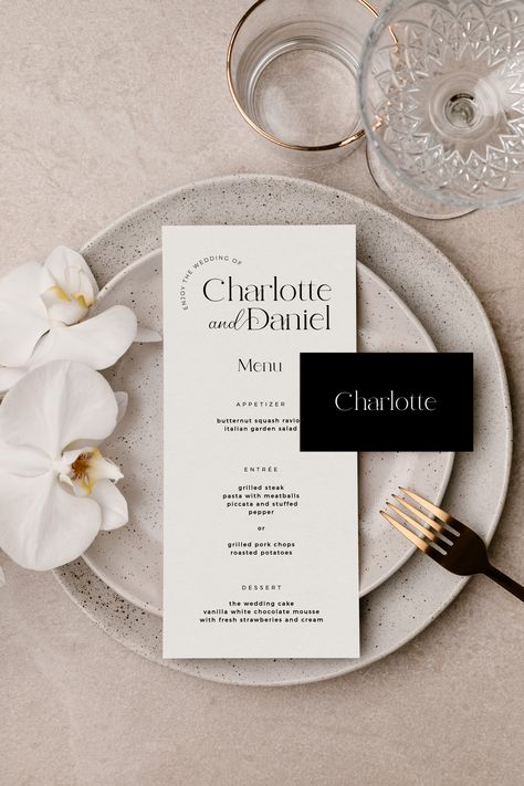 Embrace the charm of an elegant, modern, monogram logo and menu bundle, thoughtfully crafted for weddings, parties, or events. This set can be personalized with your names, initials, and date, adding a unique touch to your special occasion. As a digital download, all items will be delivered electronically. Menu With Name, Simple Wedding Menu, Wedding Menus Design, Wedding Menu Template, Wedding Menu Cards, Wedding Name, Wedding Places, Wedding Signage, Menu Template