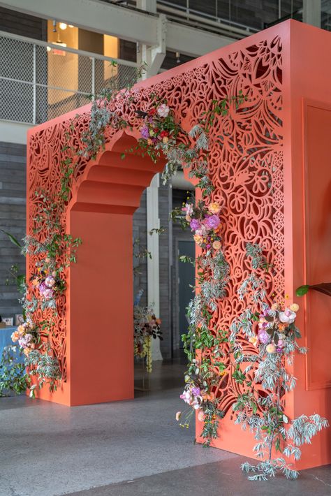 Showroom Decoration Ideas, Wedding Installation, Arch Installation, Event Production, Sangeet Gate Decor, Gate Event Design, Orange Wedding Ideas, Ramadan Installation, Colorful Sangeet Decor