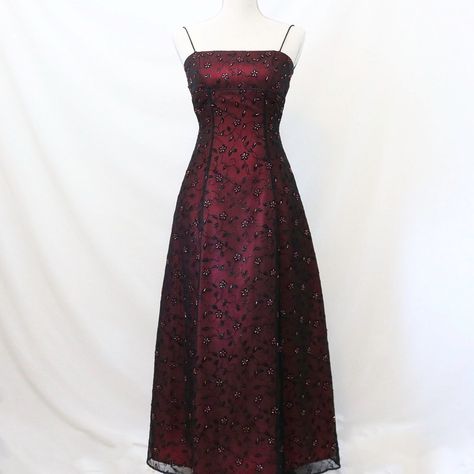 Black And Red Vintage Dress, Red Dress With Black Mesh Overlay Prom, Dark Red 90s Dress, Dark Red Floral Dress, Vintage Prom Dresses 90s Red, Vintage Prom Dresses 90s Goth, Red Y2k Prom Dress, Prom Dresses 1990, 90s Whimsigoth Dress