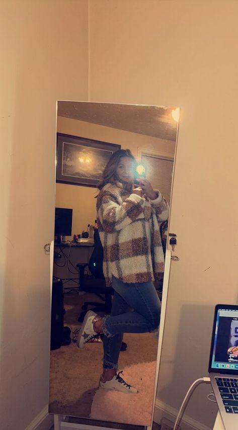 Perfect fall outfit for a chilly night out!! sherpa flannel paired with kan can jeans and golden gooses!! Sherpa Outfit, Flannel Outfits, Perfect Fall Outfit, Fall Outfit, Night Out, Fall Outfits, Outfit Inspirations, Mirror Selfie, Autumn Outfits