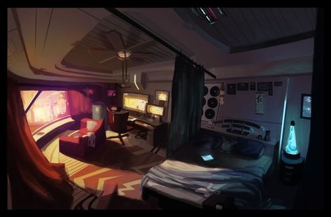 Scifi Bedroom, Cyberpunk Room Decor, Spaceship Bedroom, Sci Fi Apartment, Sci Fi Bedroom, Scifi Room, Cyberpunk Bedroom, Cyberpunk Interior, Sci Fi Room