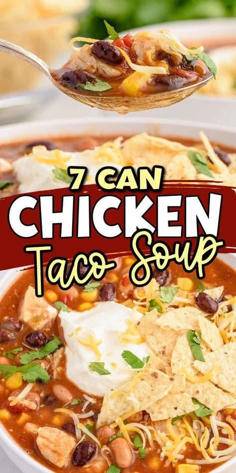 A 7 Can Chicken Taco Soup is the easiest and fastest way to make a hearty meal out of everything from your pantry – no freezer or fridge items are needed! Canned Chicken Taco Soup, 8 Can Chicken Soup, 6 Can Chicken Taco Soup, 7 Can Chicken Taco Soup Recipe Easy, 7 Can Chicken Taco Soup Crock Pot, Ground Chicken Taco Soup, Chicken Soup With Canned Chicken, 7 Can Soup Recipes, Chicken Taco Soup Stove Top