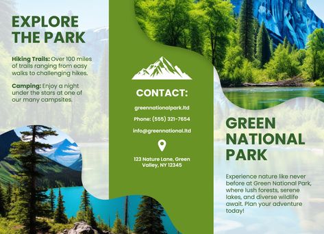 An easy-to-edit brochure template for Google Docs. National Park Brochure, Park Brochure, Unique Brochures, Pub Ideas, Free Brochure, Free Brochure Template, Docs Templates, Green Valley, Google Docs