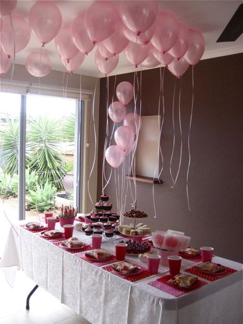 Pink balloons that cover the ceiling just look so dainty <3 Pink Balloons On Ceiling, Pink Ceiling Balloons, Ceiling Balloons, Pink Ceiling, Balloon Ceiling, Girly Birthday Party, Girly Birthday, 75th Birthday, Pink Party