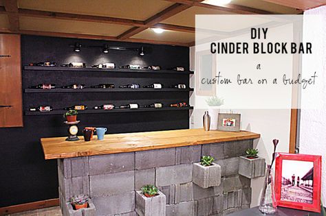 Cinder Block Bar, Cinder Blocks Diy, Cinder Block Furniture, Cinder Block Bench, Stain Concrete, Concrete Bar, Basement Makeover, Backyard Bar, Expensive Furniture