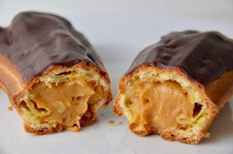 Salted Caramel Pastry Cream, Caramel Eclairs Recipe, Salted Caramel Eclairs, Caramel Pastry Cream, Caramel Eclairs, Baked In Vermont, Eclair Cream, Breakfast Brownies, Pastry Cream Recipe