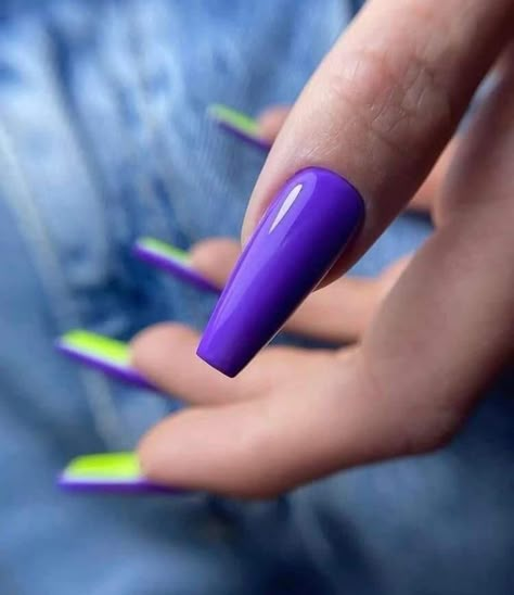 Neon Purple Nails, Neon Green Nails, Purple Nail Designs, Green Nail, Spring Nail Colors, Neon Nails, Coffin Nails Designs, Fire Nails, Funky Nails