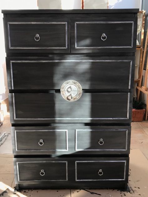 Black Malm Dresser, Ikea Malm Black, Ikea Malm Dresser Hack Black, Ikea Hemnes Dresser Black, Chinoiserie Entryway, Entryway Dresser, Diy Dresser Makeover Gothic, Malm Ikea, Chalk Paint Brushes